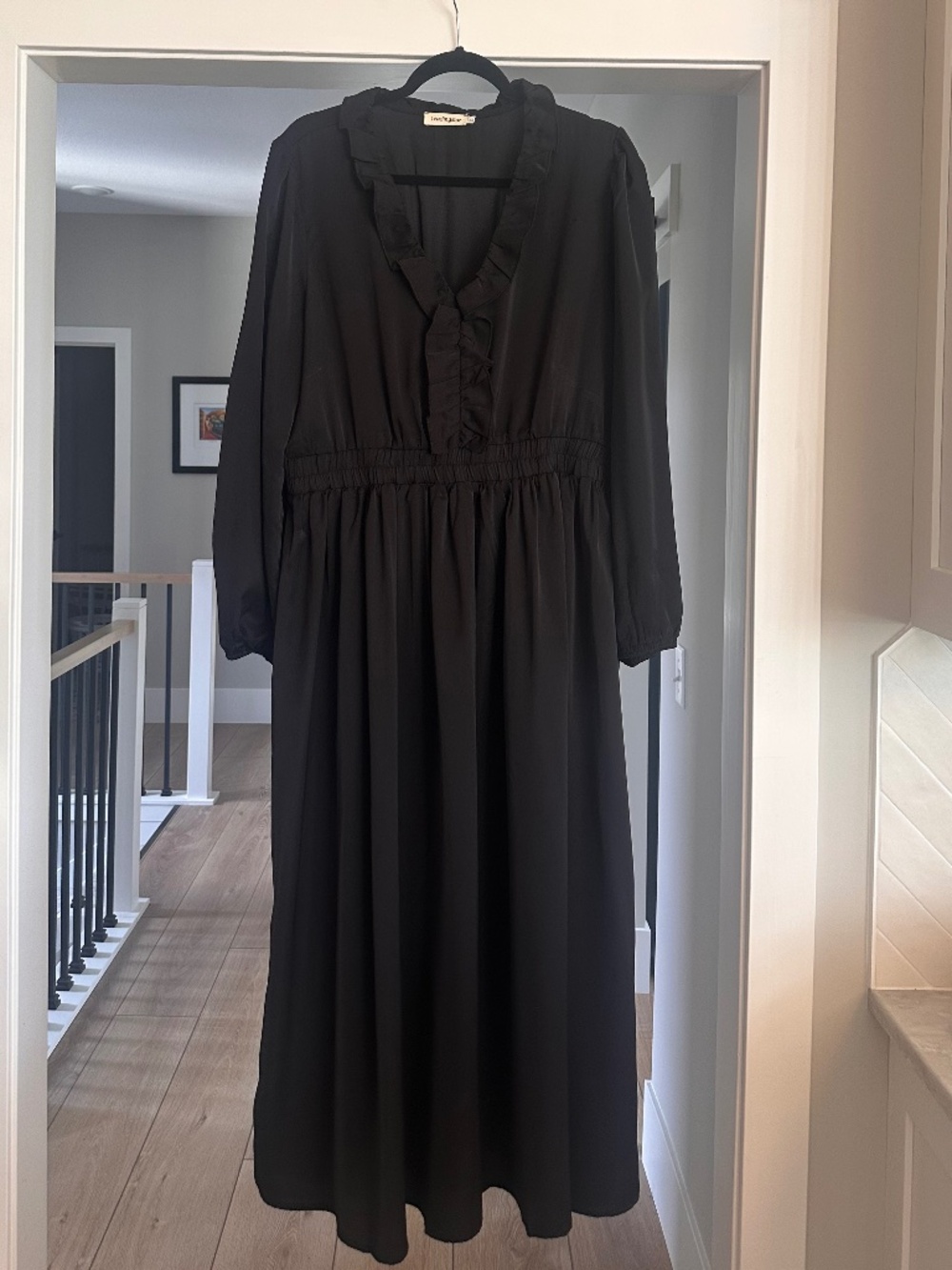 Black Ruffle V Neck Dress